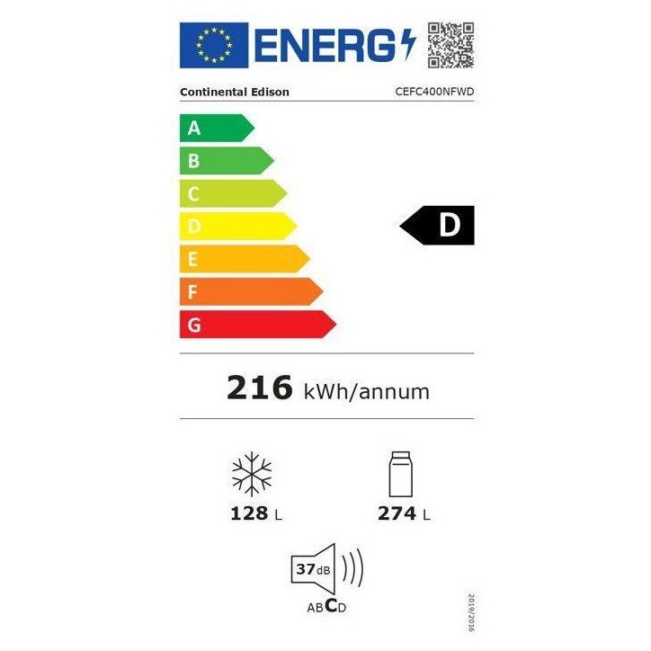 Réfrigérateur congélateur bas - CONTINENTAL EDISON - CEFC400NFWD - 402 L - Classe D - 60 x 68 x 186 cm - Blanc Réfrigérateur congélateur bas - CONTINENTAL EDISON - CEFC400NFWD - 402 L - Classe D - 60 x 68 x 186 cm - Blanc