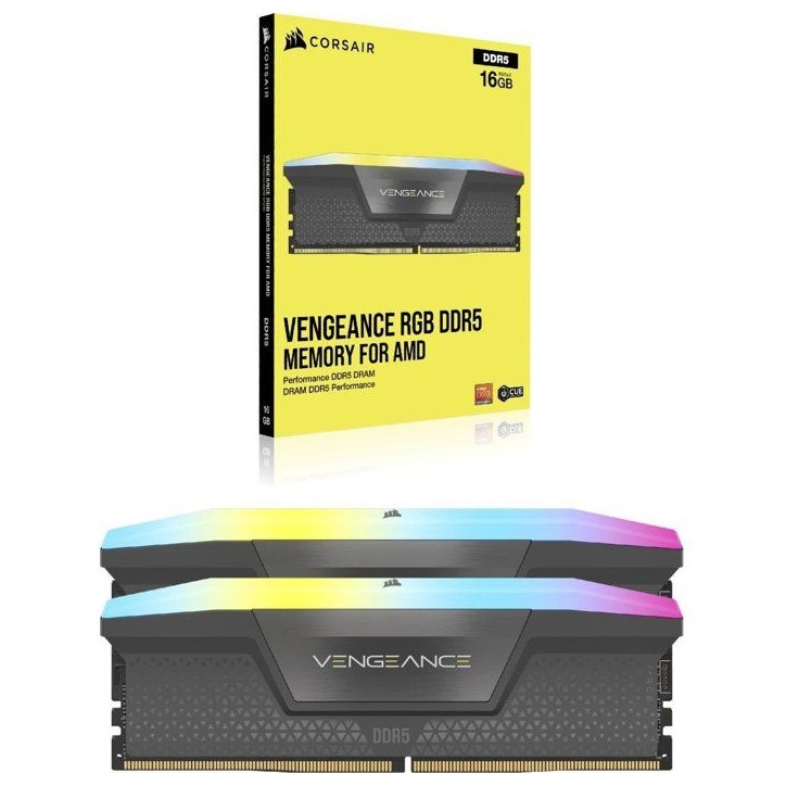 Mémoire PC - CORSAIR - CMH32GX5M2B6000Z38 - Vengeance RGB - 32 Go - 2 x 16 Go - DDR5 - 4800 MHz - 288-pin DIMM Mémoire PC - CORSAIR - CMH32GX5M2B6000Z38 - Vengeance RGB - 32 Go - 2 x 16 Go - DDR5 - 4800 MHz - 288-pin DIMM