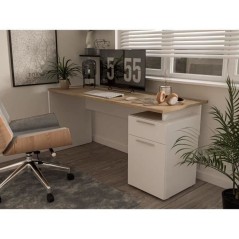 Bureau droit CONTRA COSTA - L160 x l60 x H73,5 cm - Blanc mat / Chene artisan