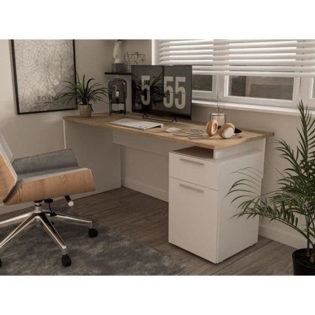 Bureau droit CONTRA COSTA - L160 x l60 x H73,5 cm - Blanc mat / Chene artisan