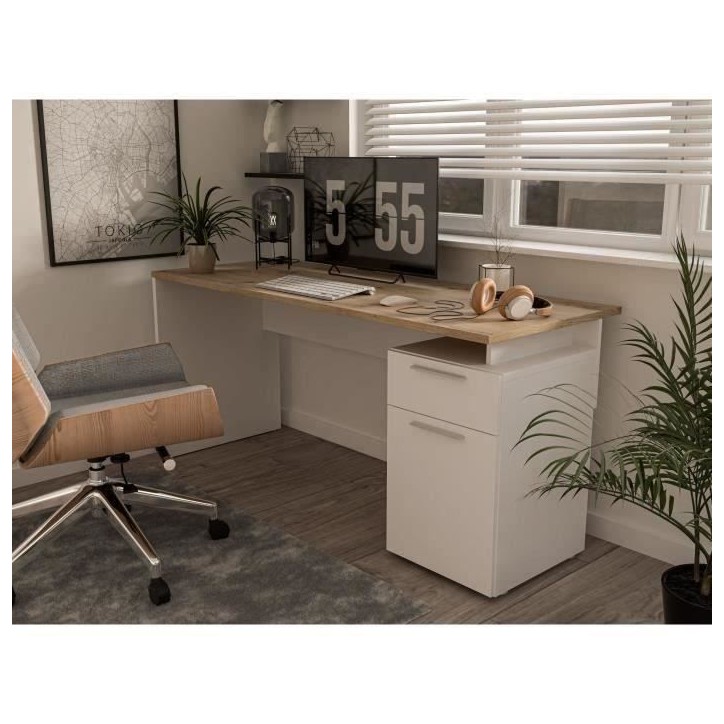 Bureau droit CONTRA COSTA - L160 x l60 x H73,5 cm - Blanc mat / Chene artisan Bureau droit CONTRA COSTA - L160 x l60 x H73,5 cm - Blanc mat / Chene artisan