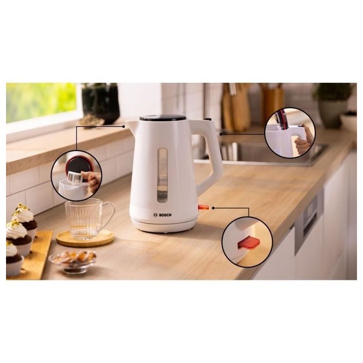 Bouilloire - BOSCH - TWK1M121 MyMoment - Blanche - capacité 1,7L - base 360° - rangement du cordon -3 sécurités automatiques Bouilloire - BOSCH - TWK1M121 MyMoment - Blanche - capacité 1,7L - base 360° - rangement du cordon -3 sécurités automatiques