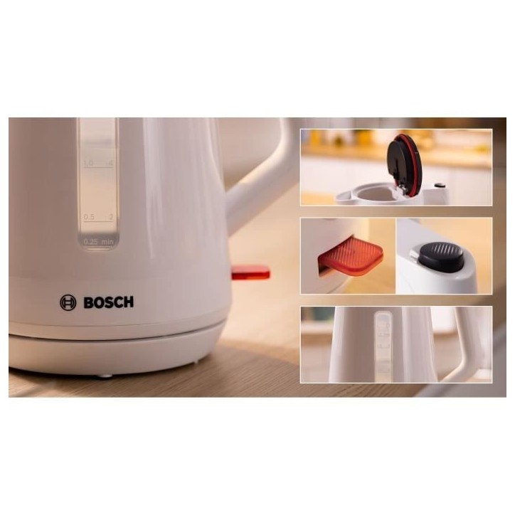 Bouilloire - BOSCH - TWK1M121 MyMoment - Blanche - capacité 1,7L - base 360° - rangement du cordon -3 sécurités automatiques Bouilloire - BOSCH - TWK1M121 MyMoment - Blanche - capacité 1,7L - base 360° - rangement du cordon -3 sécurités automatiques