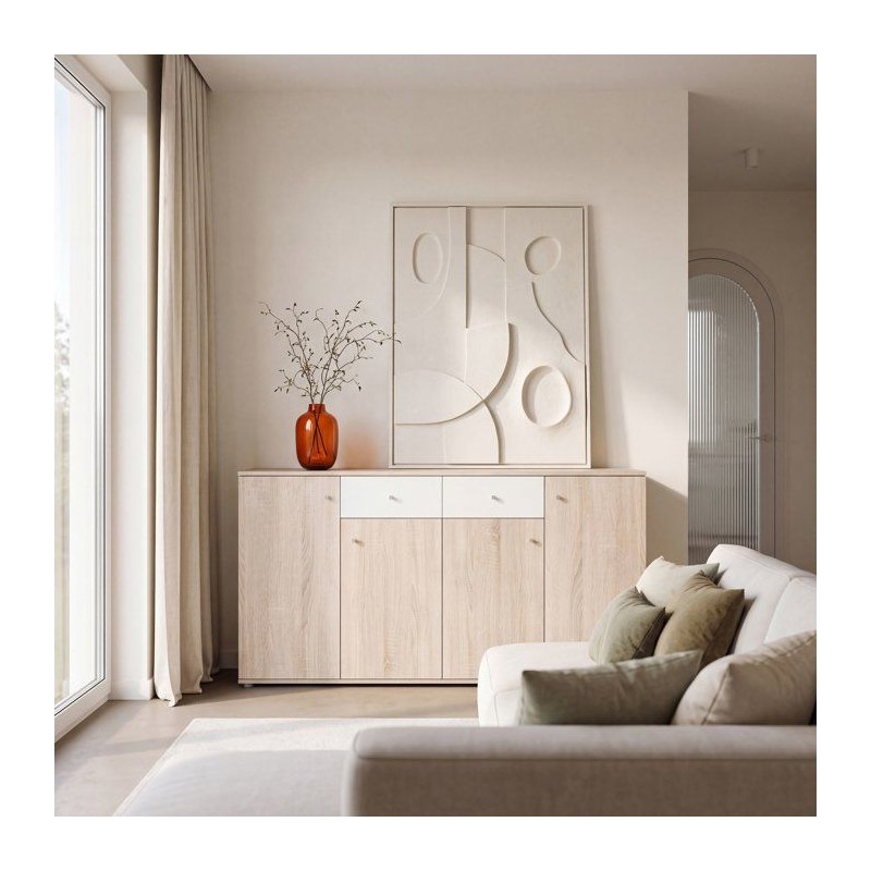 Buffet bas - Décor Chene et blanc mat - 4 portes + 2 tablettes + 2 ti