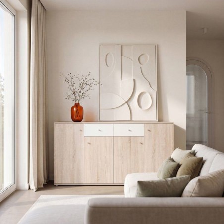 Buffet bas - Décor Chene et blanc mat - 4 portes + 2 tablettes + 2 ti