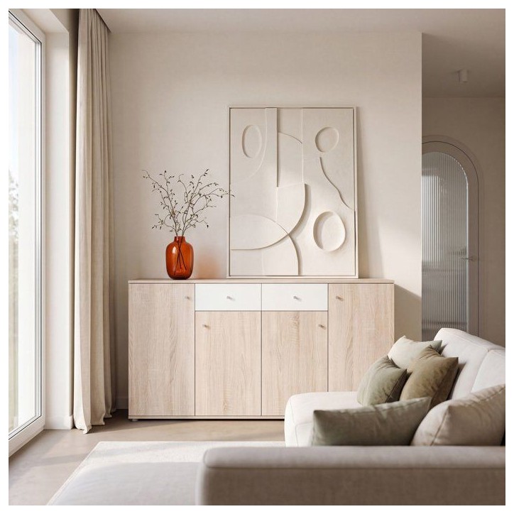 Buffet bas - Décor Chene et blanc mat - 4 portes + 2 tablettes + 2 tiroirs - L 159,2 x P 31,1 x H 81,7 cm Buffet bas - Décor Chene et blanc mat - 4 portes + 2 tablettes + 2 tiroirs - L 159,2 x P 31,1 x H 81,7 cm
