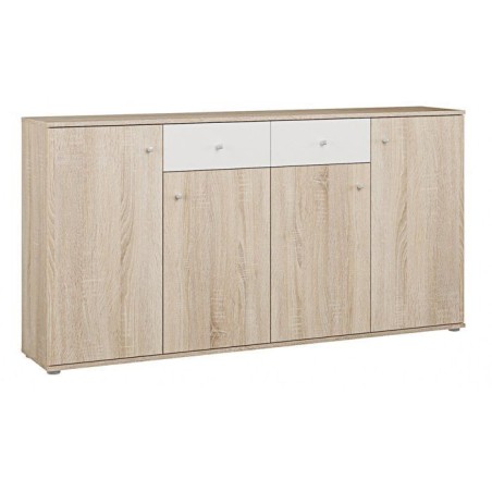 Buffet bas - Décor Chene et blanc mat - 4 portes + 2 tablettes + 2 tiroirs - L 159,2 x P 31,1 x H 81,7 cm