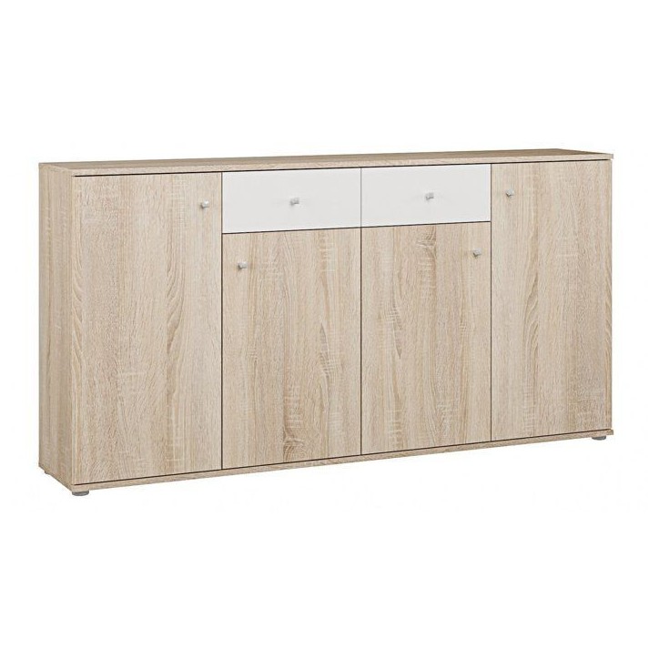 Buffet bas - Décor Chene et blanc mat - 4 portes + 2 tablettes + 2 tiroirs - L 159,2 x P 31,1 x H 81,7 cm Buffet bas - Décor Chene et blanc mat - 4 portes + 2 tablettes + 2 tiroirs - L 159,2 x P 31,1 x H 81,7 cm
