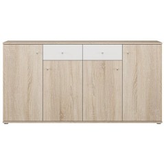 Buffet bas - Décor Chene et blanc mat - 4 portes + 2 tablettes + 2 ti