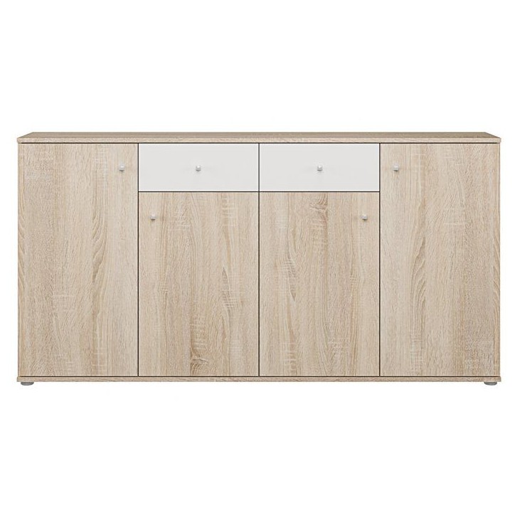 Buffet bas - Décor Chene et blanc mat - 4 portes + 2 tablettes + 2 tiroirs - L 159,2 x P 31,1 x H 81,7 cm Buffet bas - Décor Chene et blanc mat - 4 portes + 2 tablettes + 2 tiroirs - L 159,2 x P 31,1 x H 81,7 cm