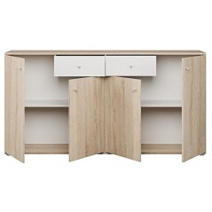 Buffet bas - Décor Chene et blanc mat - 4 portes + 2 tablettes + 2 ti