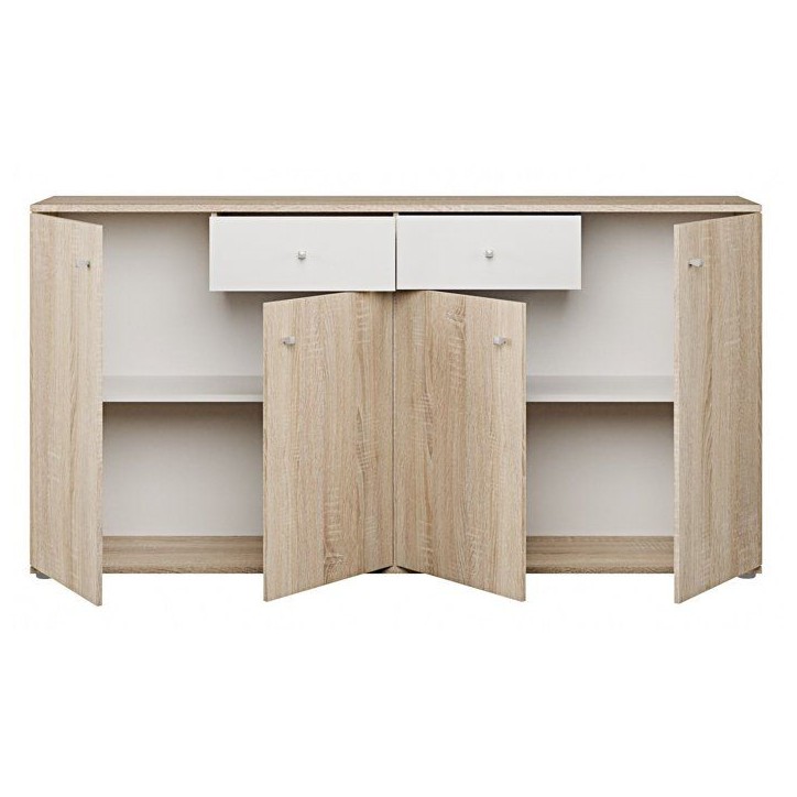 Buffet bas - Décor Chene et blanc mat - 4 portes + 2 tablettes + 2 tiroirs - L 159,2 x P 31,1 x H 81,7 cm Buffet bas - Décor Chene et blanc mat - 4 portes + 2 tablettes + 2 tiroirs - L 159,2 x P 31,1 x H 81,7 cm