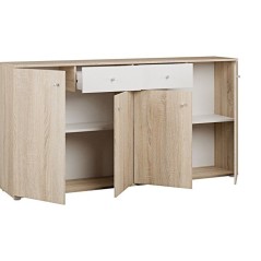 Buffet bas - Décor Chene et blanc mat - 4 portes + 2 tablettes + 2 ti
