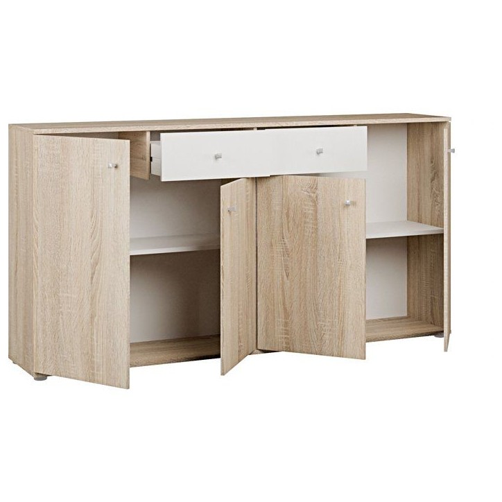 Buffet bas - Décor Chene et blanc mat - 4 portes + 2 tablettes + 2 tiroirs - L 159,2 x P 31,1 x H 81,7 cm Buffet bas - Décor Chene et blanc mat - 4 portes + 2 tablettes + 2 tiroirs - L 159,2 x P 31,1 x H 81,7 cm