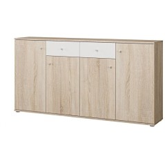 Buffet bas - Décor Chene et blanc mat - 4 portes + 2 tablettes + 2 ti