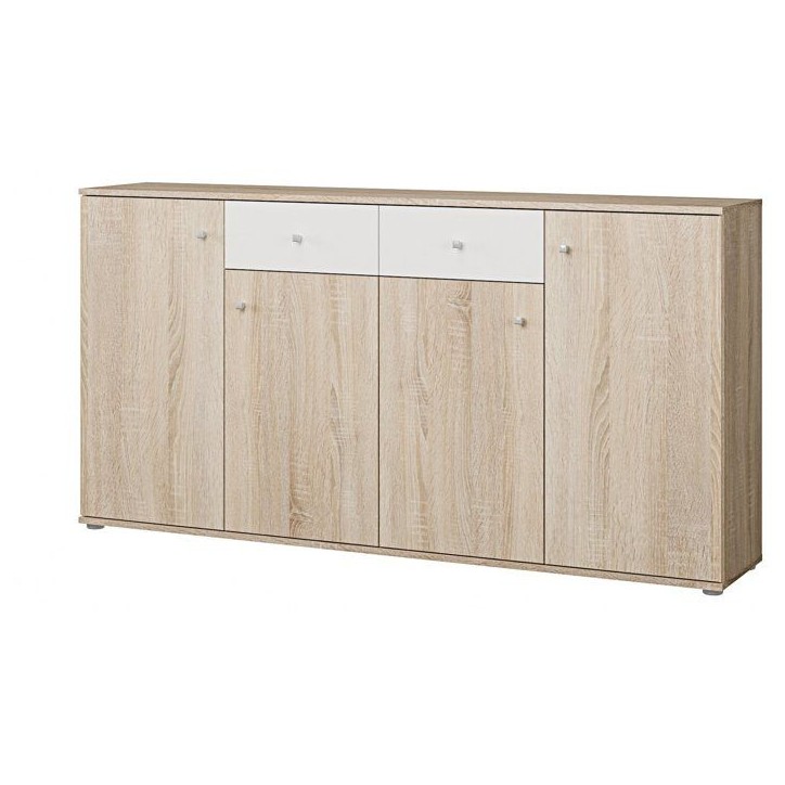 Buffet bas - Décor Chene et blanc mat - 4 portes + 2 tablettes + 2 tiroirs - L 159,2 x P 31,1 x H 81,7 cm Buffet bas - Décor Chene et blanc mat - 4 portes + 2 tablettes + 2 tiroirs - L 159,2 x P 31,1 x H 81,7 cm