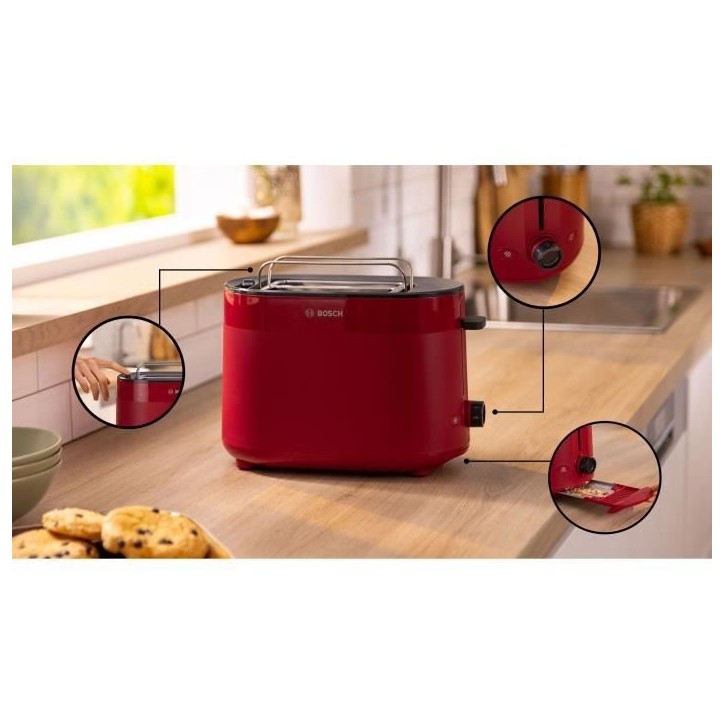 Toaster - BOSCH - TAT2M124 MyMoment - Rouge - 2 tranches - centrage automatique du pain - fonctions décongélation et réchauff