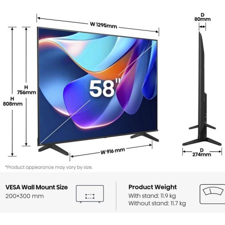 Hisense 58A6S - TV LED 58 (146 cm) - 4K UHD 3840x2160 - HDR10+ - Smart TV - 3xHDMI 2.1 - WiFi