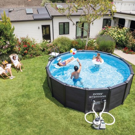 Kit piscine hors sol tubulaire INTEX - Graphite - 478 x 124 cm - Ronde (Filtre a sable, bâche, tapis, échelle, vannes) - 26384