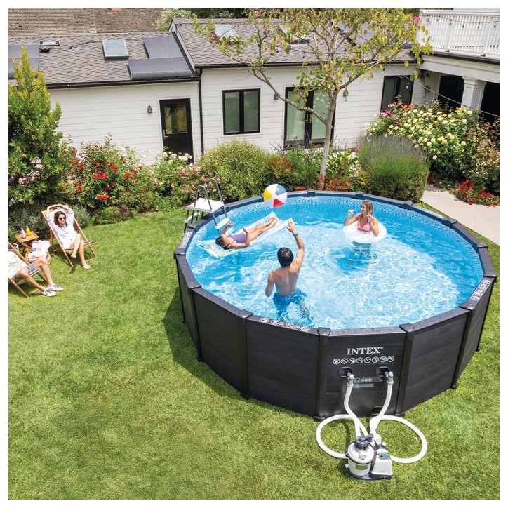 Kit piscine hors sol tubulaire INTEX - Graphite - 478 x 124 cm - Ronde (Filtre a sable, bâche, tapis, échelle, vannes) - 26384 Kit piscine hors sol tubulaire INTEX - Graphite - 478 x 124 cm - Ronde (Filtre a sable, bâche, tapis, échelle, vannes) - 26384