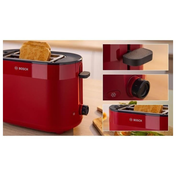 Toaster - BOSCH - TAT2M124 MyMoment - Rouge - 2 tranches - centrage automatique du pain - fonctions décongélation et réchauff