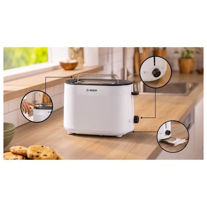 Toaster - BOSCH - TAT2M121 MyMoment - Blanc - 2 tranches - centrage automatique du pain - fonctions décongélation et réchauff Toaster - BOSCH - TAT2M121 MyMoment - Blanc - 2 tranches - centrage automatique du pain - fonctions décongélation et réchauff
