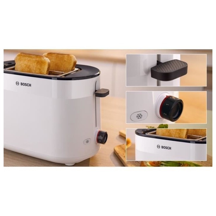 Toaster - BOSCH - TAT2M121 MyMoment - Blanc - 2 tranches - centrage automatique du pain - fonctions décongélation et réchauff Toaster - BOSCH - TAT2M121 MyMoment - Blanc - 2 tranches - centrage automatique du pain - fonctions décongélation et réchauff