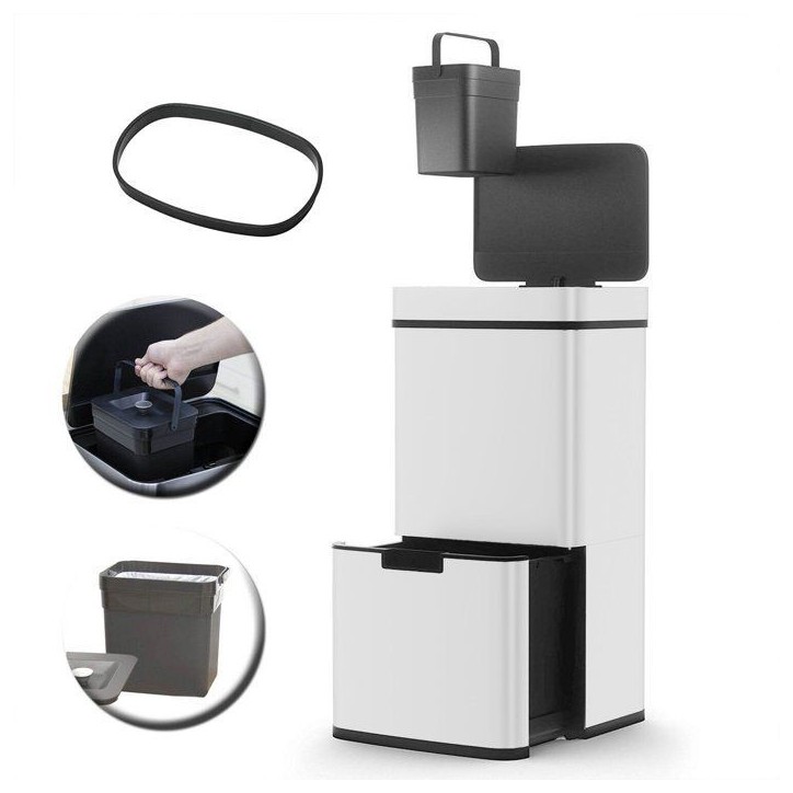 Poubelle de cuisine automatique 75L NARVIK – Double compartiment tri sélectif + Poubelle de table 3L – Blanc – KITCHEN MO Poubelle de cuisine automatique 75L NARVIK – Double compartiment tri sélectif + Poubelle de table 3L – Blanc – KITCHEN MO