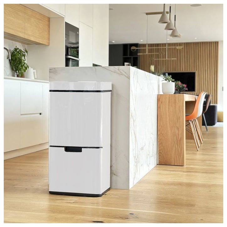 Poubelle de cuisine automatique 75L NARVIK – Double compartiment tri sélectif + Poubelle de table 3L – Blanc – KITCHEN MO Poubelle de cuisine automatique 75L NARVIK – Double compartiment tri sélectif + Poubelle de table 3L – Blanc – KITCHEN MO