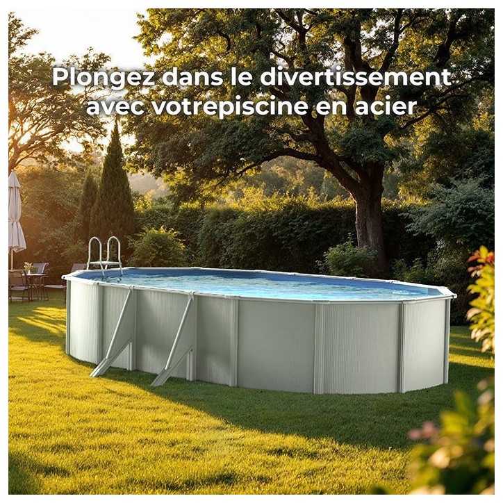GRE - Kit Piscine hors sol acier ovale blanche 5,27m x 3,27m x H: 1,22m (Livrée avec filtre a sable et échelle) GRE - Kit Piscine hors sol acier ovale blanche 5,27m x 3,27m x H: 1,22m (Livrée avec filtre a sable et échelle)