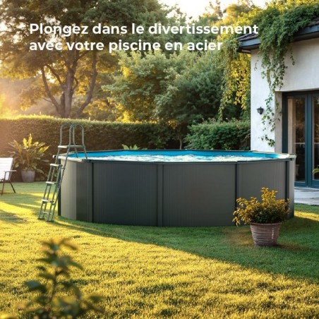 GRE - Kit Piscine hors sol acier ronde grise anthracite - Ø370 x H132 (Livrée avec filtre a sable + échelle)