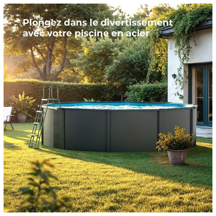 GRE - Kit Piscine hors sol acier ronde grise anthracite - Ø370 x H132 (Livrée avec filtre a sable + échelle) GRE - Kit Piscine hors sol acier ronde grise anthracite - Ø370 x H132 (Livrée avec filtre a sable + échelle)