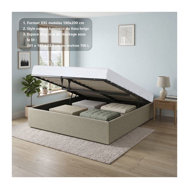 Lit coffre adulte - ECLIPSE - 180 x 200 cm - Tissu beige - Avec sommie