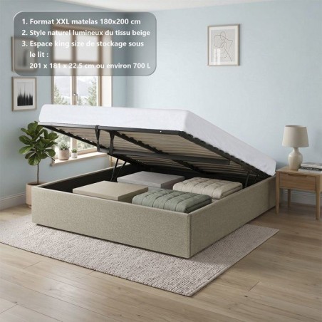 Lit coffre adulte - ECLIPSE - 180 x 200 cm - Tissu beige - Avec sommie