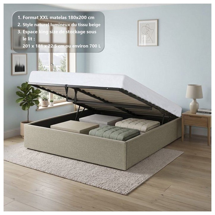 Lit coffre adulte - ECLIPSE - 180 x 200 cm - Tissu beige - Avec sommier Lit coffre adulte - ECLIPSE - 180 x 200 cm - Tissu beige - Avec sommier