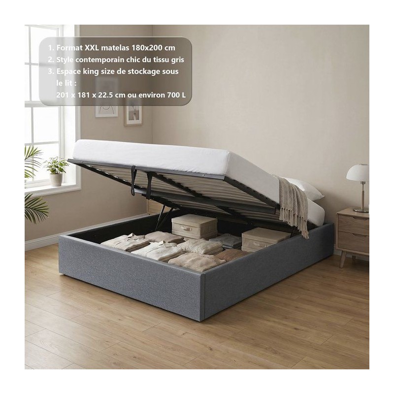 Lit coffre adulte - ECLIPSE - 180 x 200 cm - Tissu gris foncé - Avec