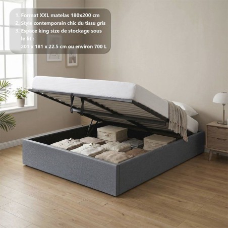 Lit coffre adulte - ECLIPSE - 180 x 200 cm - Tissu gris foncé - Avec