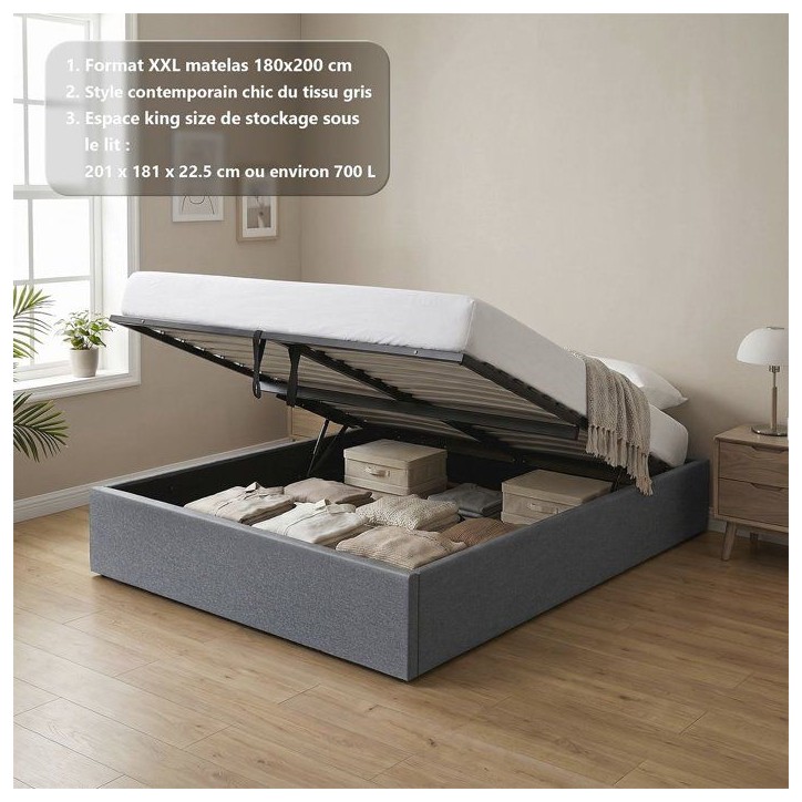 Lit coffre adulte - ECLIPSE - 180 x 200 cm - Tissu gris foncé - Avec sommier Lit coffre adulte - ECLIPSE - 180 x 200 cm - Tissu gris foncé - Avec sommier