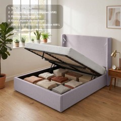 Lit coffre adulte - STAN 1 - 160 x 200 cm - Tissu beige texturé - Tet