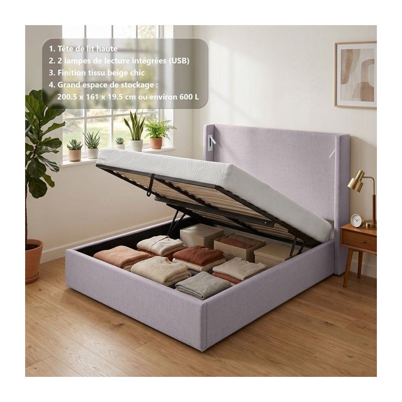 Lit coffre adulte - STAN 1 - 160 x 200 cm - Tissu beige texturé - Tet