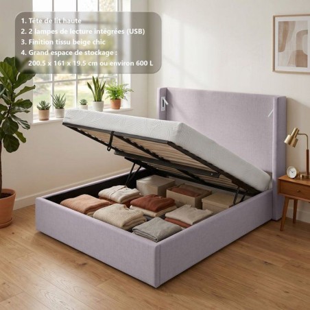 Lit coffre adulte - STAN 1 - 160 x 200 cm - Tissu beige texturé - Tet