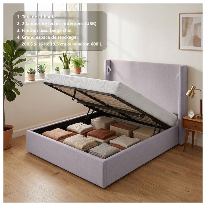 Lit coffre adulte - STAN 1 - 160 x 200 cm - Tissu beige texturé - Tete de lit haute a oreilles - 2 lampes de lecture LED + Port Lit coffre adulte - STAN 1 - 160 x 200 cm - Tissu beige texturé - Tete de lit haute a oreilles - 2 lampes de lecture LED + Port