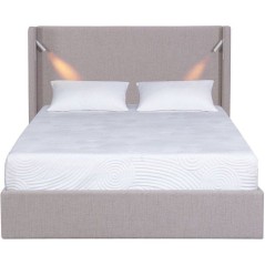 Lit coffre adulte - STAN 1 - 160 x 200 cm - Tissu beige texturé - Tete de lit haute a oreilles - 2 lampes de lecture LED + Port
