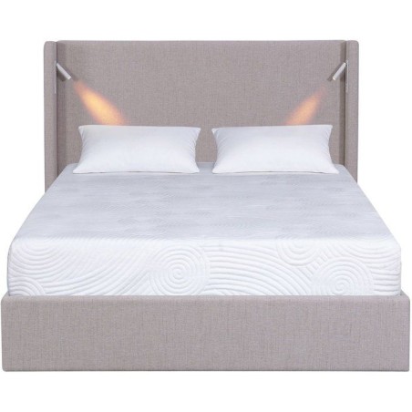Lit coffre adulte - STAN 1 - 160 x 200 cm - Tissu beige texturé - Tete de lit haute a oreilles - 2 lampes de lecture LED + Port
