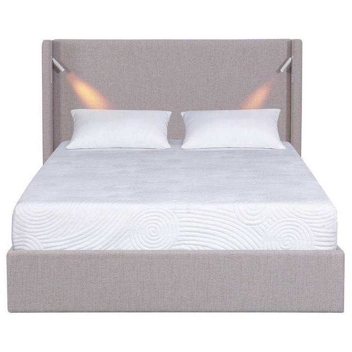 Lit coffre adulte - STAN 1 - 160 x 200 cm - Tissu beige texturé - Tete de lit haute a oreilles - 2 lampes de lecture LED + Port Lit coffre adulte - STAN 1 - 160 x 200 cm - Tissu beige texturé - Tete de lit haute a oreilles - 2 lampes de lecture LED + Port