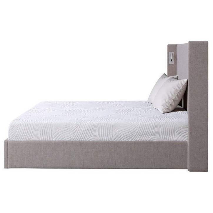 Lit coffre adulte - STAN 1 - 160 x 200 cm - Tissu beige texturé - Tete de lit haute a oreilles - 2 lampes de lecture LED + Port Lit coffre adulte - STAN 1 - 160 x 200 cm - Tissu beige texturé - Tete de lit haute a oreilles - 2 lampes de lecture LED + Port