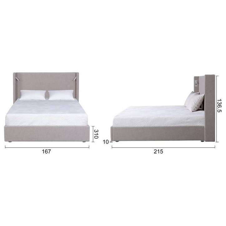 Lit coffre adulte - STAN 1 - 160 x 200 cm - Tissu beige texturé - Tete de lit haute a oreilles - 2 lampes de lecture LED + Port Lit coffre adulte - STAN 1 - 160 x 200 cm - Tissu beige texturé - Tete de lit haute a oreilles - 2 lampes de lecture LED + Port