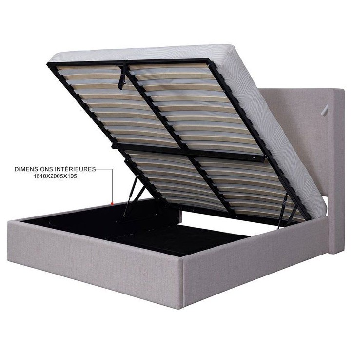Lit coffre adulte - STAN 1 - 160 x 200 cm - Tissu beige texturé - Tete de lit haute a oreilles - 2 lampes de lecture LED + Port Lit coffre adulte - STAN 1 - 160 x 200 cm - Tissu beige texturé - Tete de lit haute a oreilles - 2 lampes de lecture LED + Port