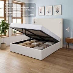 Lit coffre - STAN 2 - 140 x 190 cm - Tissu velours côtelé beige - Te