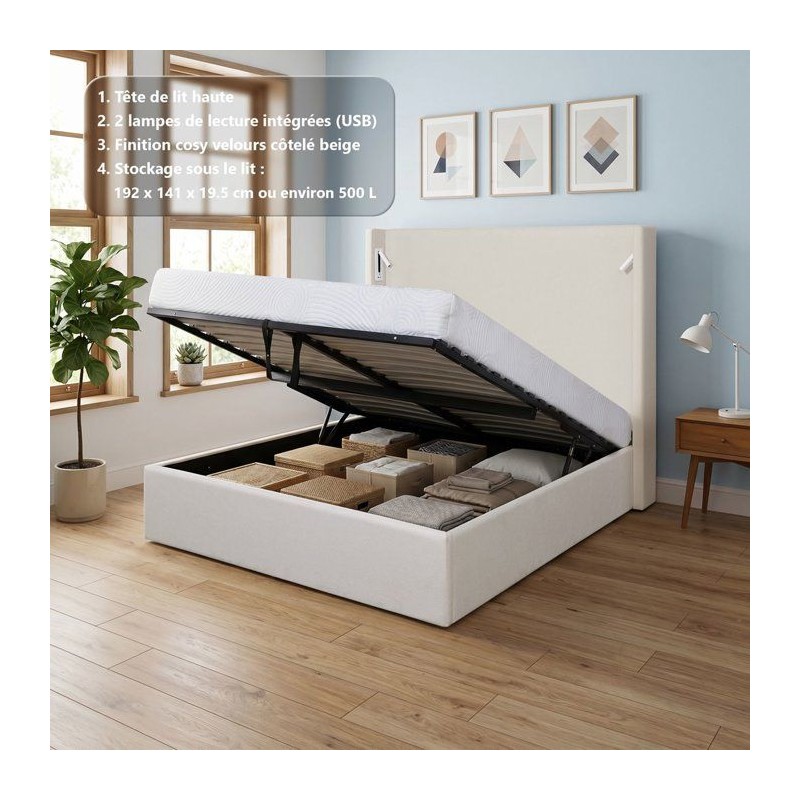 Lit coffre - STAN 2 - 140 x 190 cm - Tissu velours côtelé beige - Te